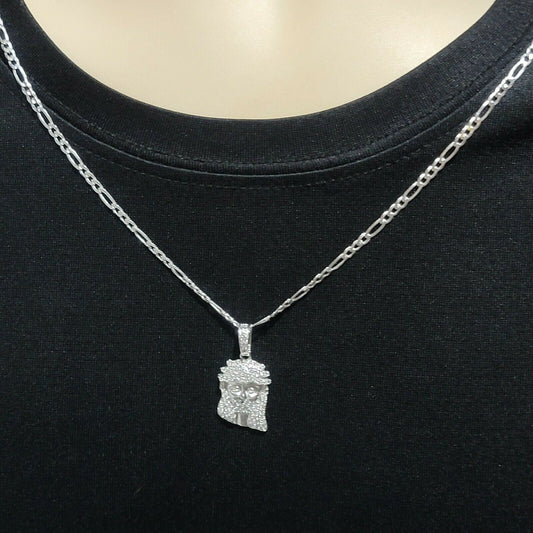 Solid 925 Sterling Silver. Jesus Face Pendant Necklace w chain. Hip Hop Jewelry