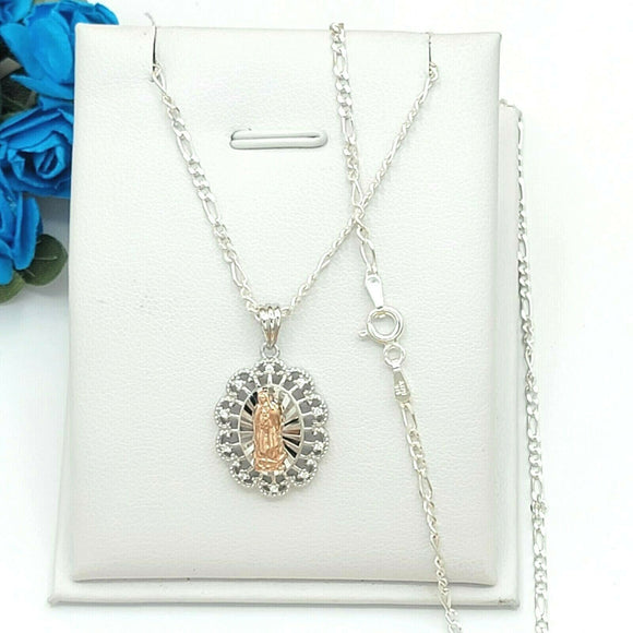 Solid 925 Sterling Silver. Our Lady Guadalupe 2 Color Pendant Necklace. Virgen