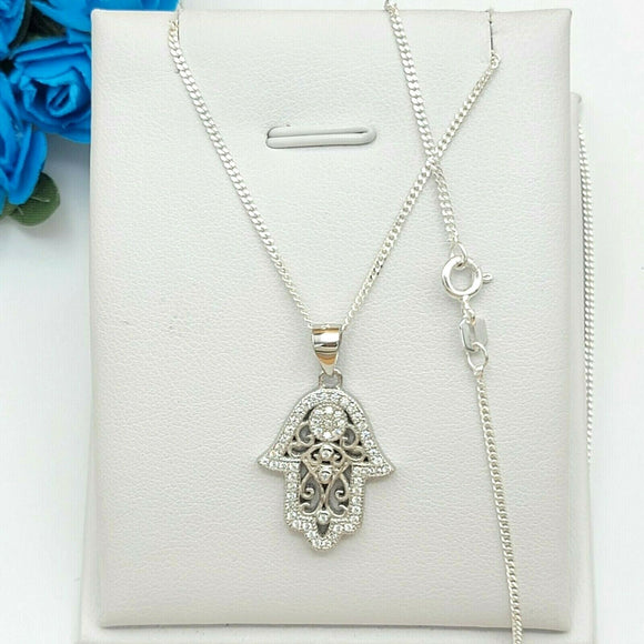 Solid 925 Sterling Silver. Filigree Hamsa Hand Iced Pendant Necklace.
