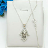 Solid 925 Sterling Silver. Filigree Hamsa Hand Iced Pendant Necklace.