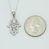 Solid 925 Sterling Silver. Filigree Hamsa Hand Iced Pendant Necklace.