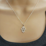 Solid 925 Sterling Silver. Filigree Hamsa Hand Iced Pendant Necklace.