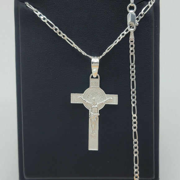 Solid 925 Sterling Silver. Saint Benedict Jesus Cross Pendant - Optional Chain