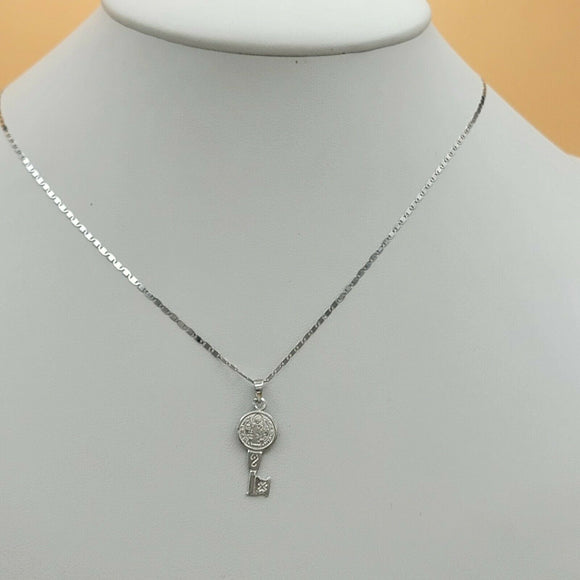 Solid 925 Sterling Silver. Double Sided Saint Benedict Key Pendant Necklace San Benito