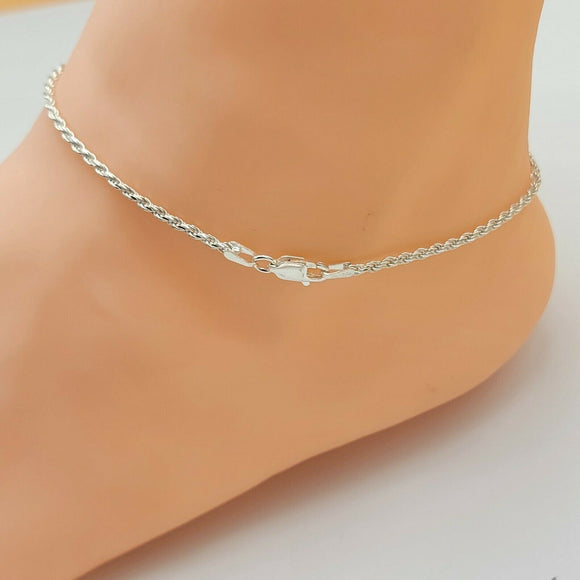 Solid 925 Sterling Silver. Rope Style Chain Anklet Bracelet. Tobillera.