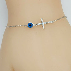 Solid 925 Sterling Silver. Cross Blue Evil Eye Bracelet. Amulet Talisman