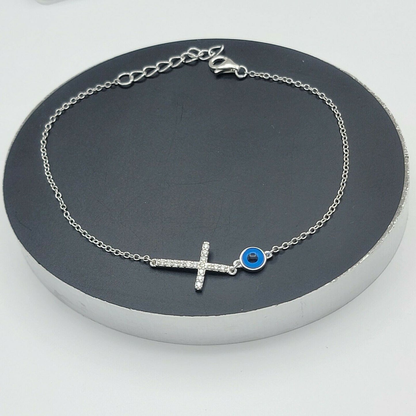 Solid 925 Sterling Silver. Cross with Blue Eye Bracelet.