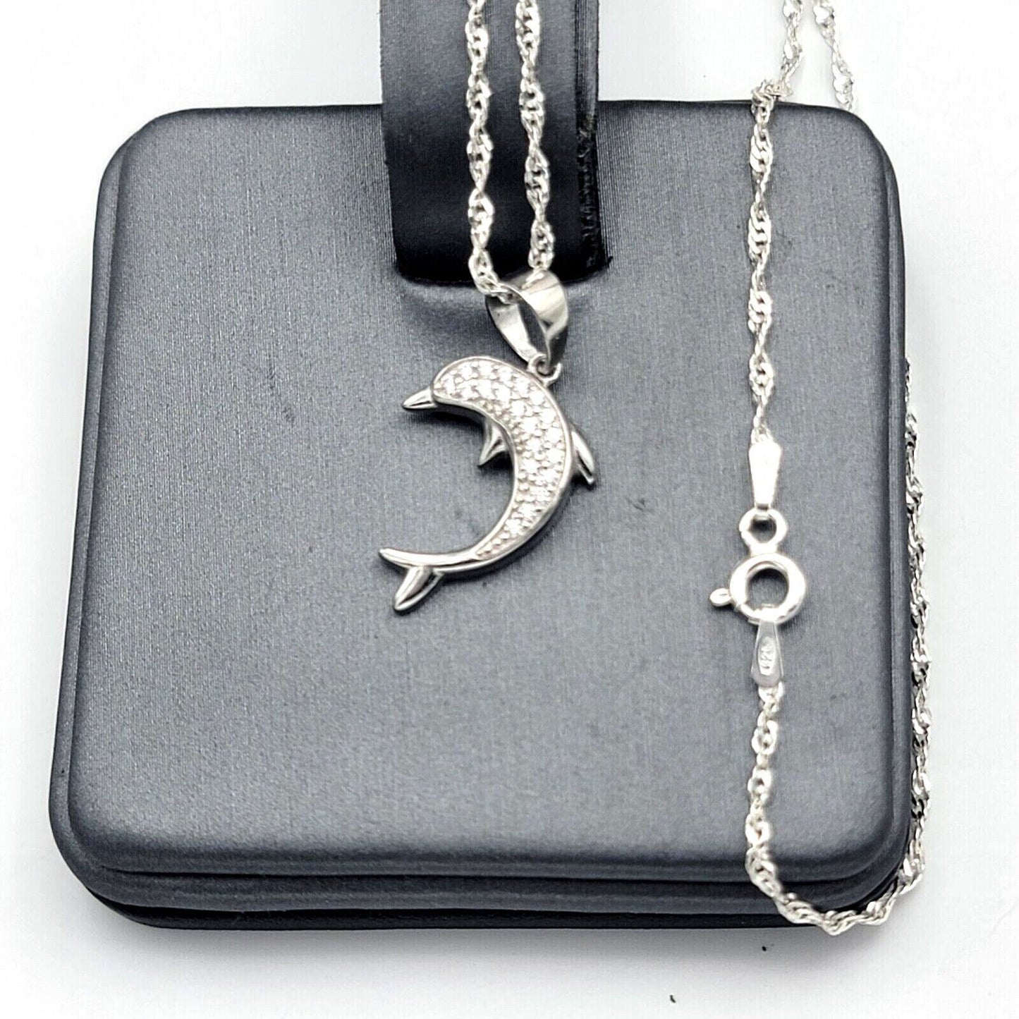 Solid 925 Sterling Silver. Cute Dolphin CZ Pendant & Chain