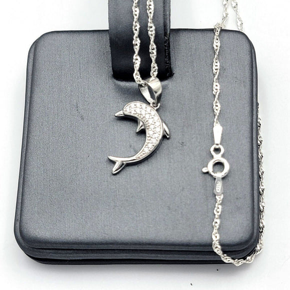 Solid 925 Sterling Silver. Cute Dolphin CZ Pendant & Chain