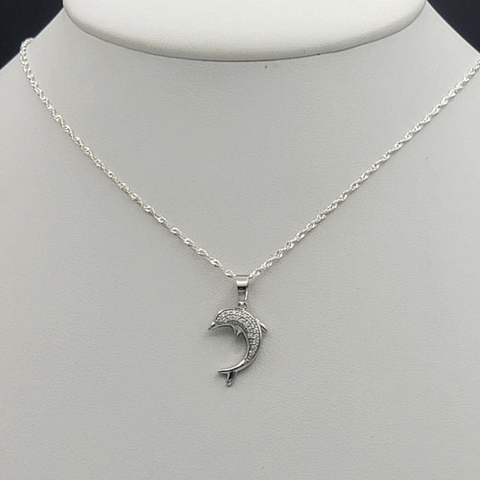Solid 925 Sterling Silver. Cute Dolphin CZ Pendant & Chain