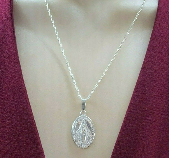 Solid 925 Sterling Silver. Miraculous Medal Pendant & Chain Necklace Milagrosa