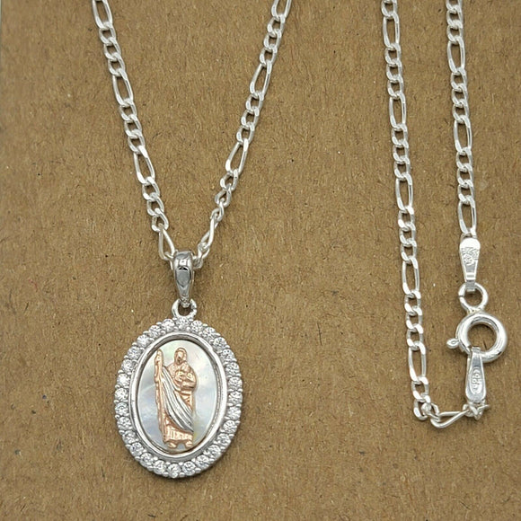 Solid 925 Sterling Silver. Saint Jude Apostle Pearl 2 Tone Pendant Necklace Judas