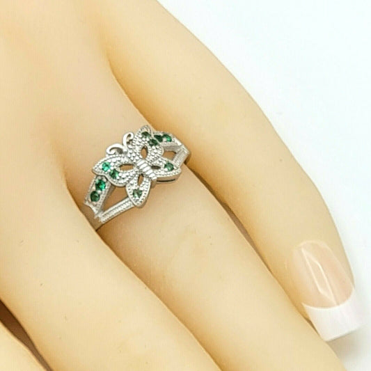 Solid 925 Sterling Silver. Green Butterfly Ring with CZ Stones.