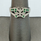 Solid 925 Sterling Silver. Green Butterfly Ring with CZ Stones.