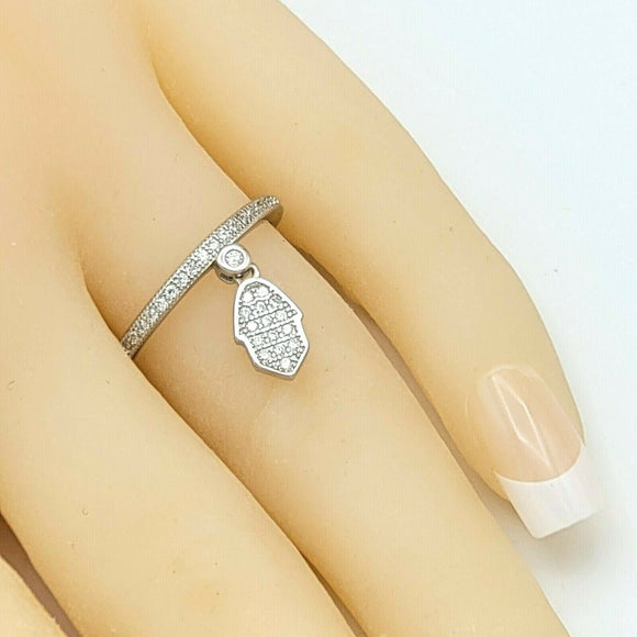 Solid 925 Sterling Silver. Micro Pave Cubic ZC Band Hamsa Hand Ring