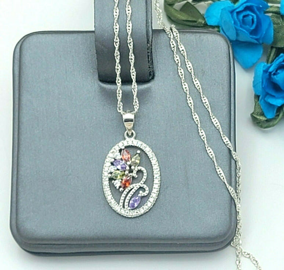 Solid 925 Sterling Silver. Multi-Color Flower Oval Pendant Necklace.