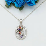 Solid 925 Sterling Silver. Multi-Color Flower Oval Pendant Necklace.