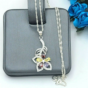 Solid 925 Sterling Silver. Multi-Color Flower Pendant Necklace.  Gift Women