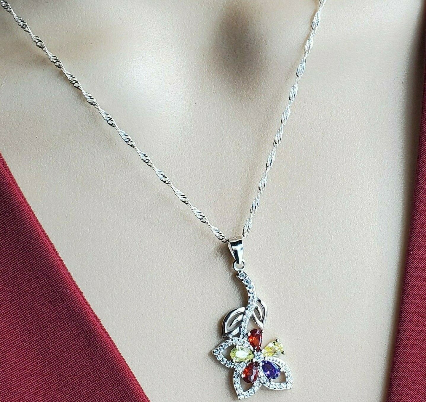 Solid 925 Sterling Silver. Multi-Color Flower Pendant Necklace.  Gift Women