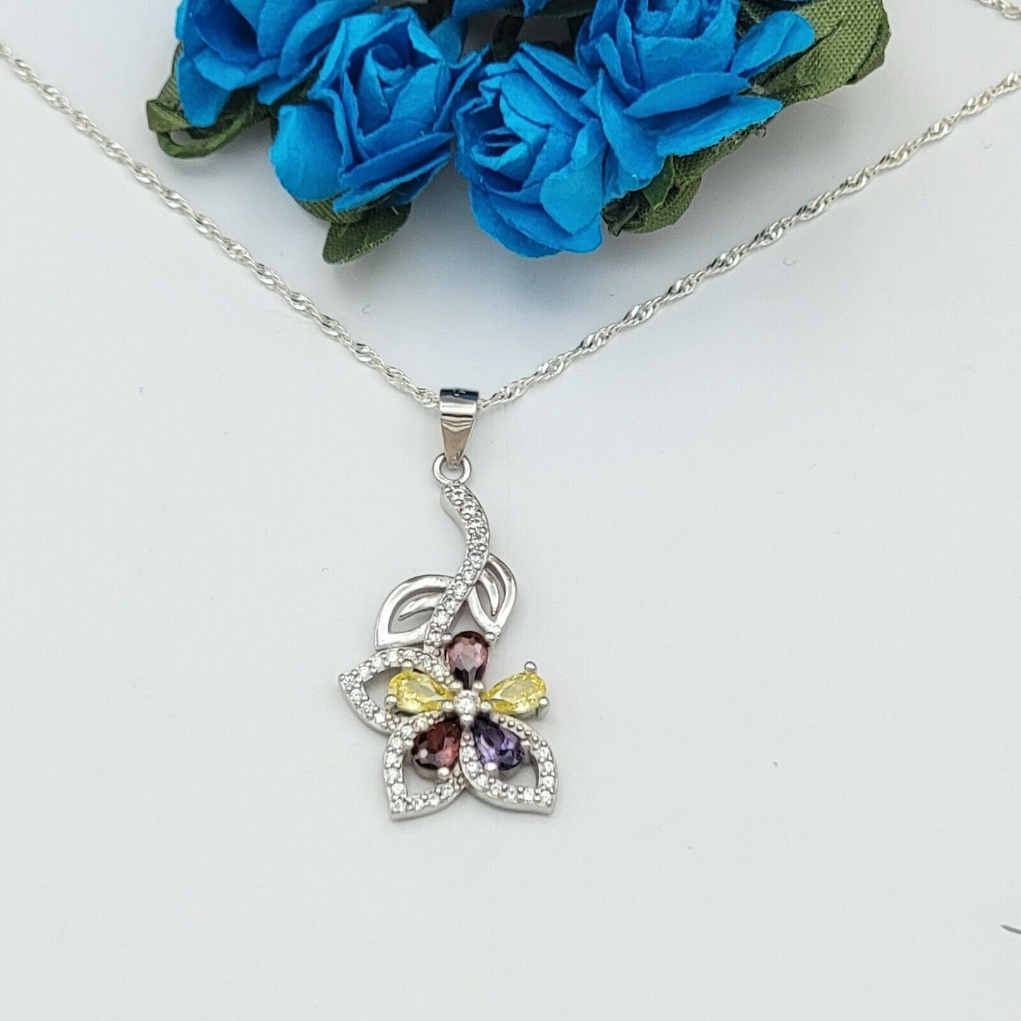 Solid 925 Sterling Silver. Multi-Color Flower Pendant Necklace.  Gift Women