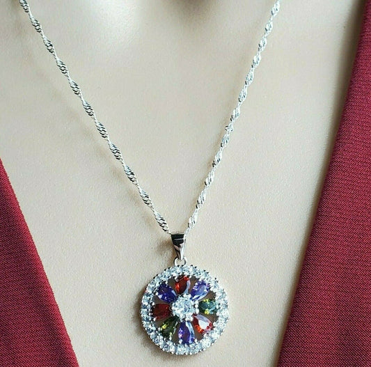 Solid 925 Sterling Silver. Multi-Color Flower Pendant Necklace & 18 in. chain