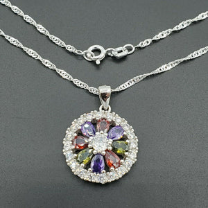 Solid 925 Sterling Silver. Multi-Color Flower Pendant Necklace & 18 in. chain