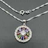 Solid 925 Sterling Silver. Multi-Color Flower Pendant Necklace & 18 in. chain