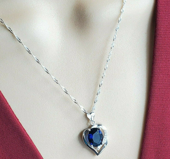 Solid 925 Sterling Silver. Blue Sapphire Cubic Zirconia Heart Pendant