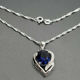 Solid 925 Sterling Silver. Blue Sapphire Cubic Zirconia Heart Pendant