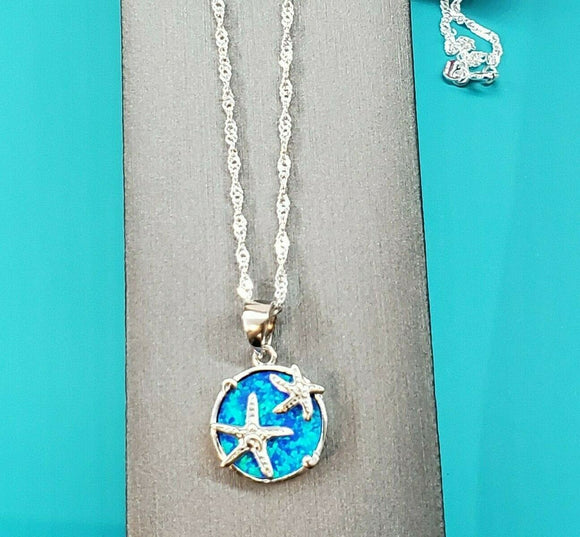 Solid 925 Sterling Silver. Blue Opal Starfish Pendant with 18