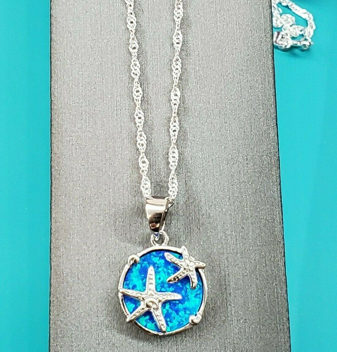 Solid 925 Sterling Silver. Blue Opal Starfish Pendant with 18" chain. Jewelry