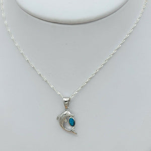 Solid 925 Sterling Silver. Opal Blue Dolphin CZ Pendant & Chain.