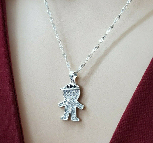 Solid 925 Sterling Silver. Clear CZ Boy Pendant & Chain. PROUD BOY MOM