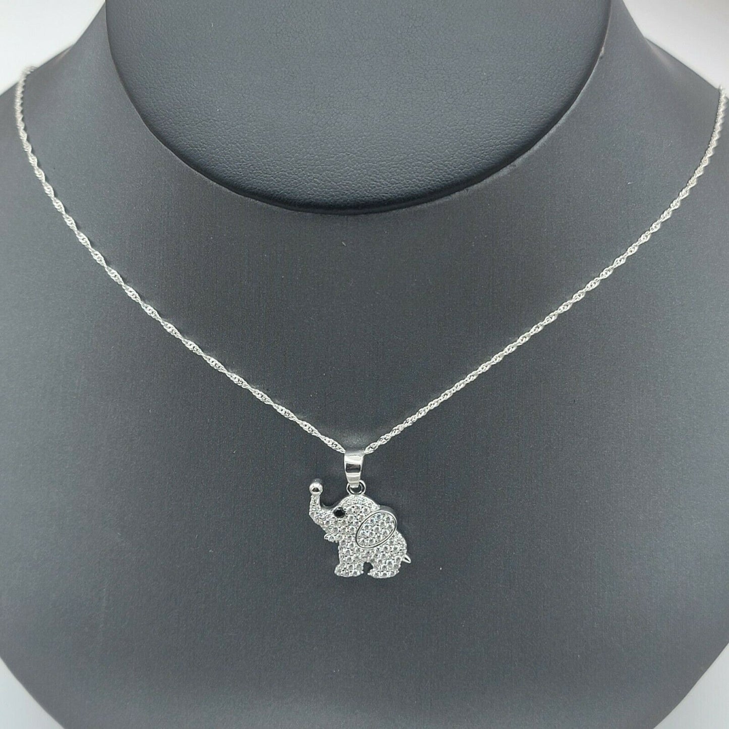Solid 925 Sterling Silver. CZ Cute Elephant Pendant & Chain.