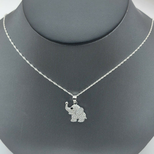 Solid 925 Sterling Silver. CZ Cute Elephant Pendant & Chain.