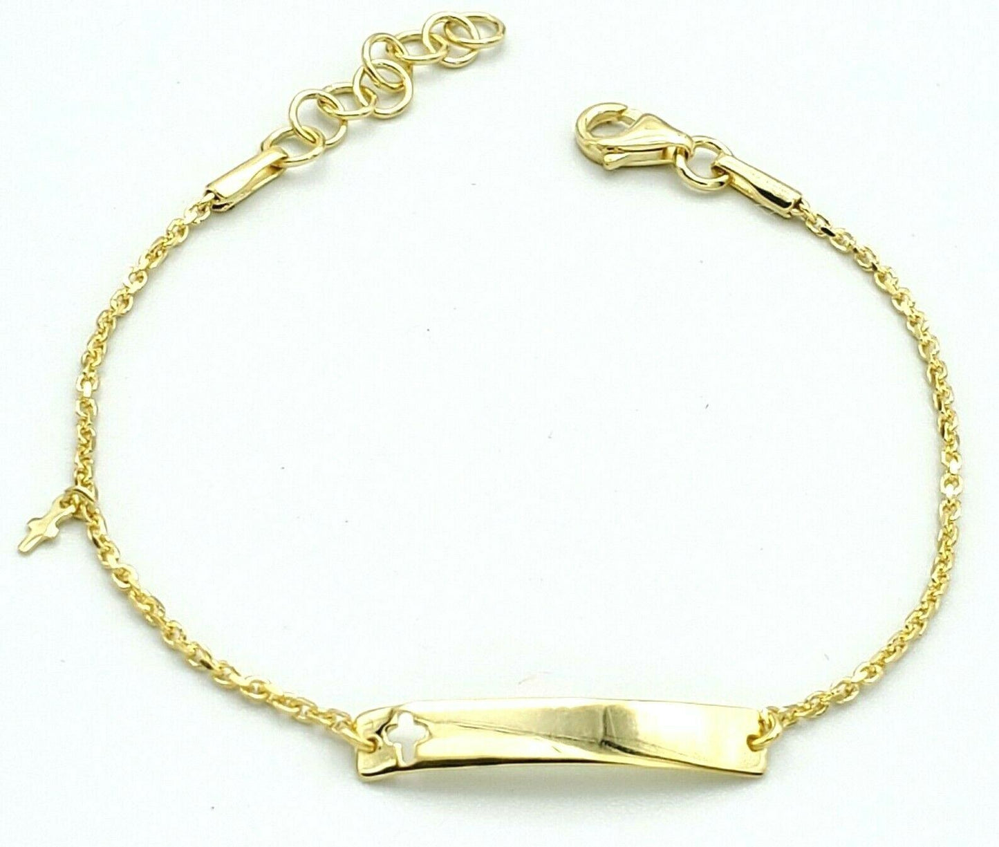 Solid 925 Sterling Silver. ID Bracelet for Kids. Cutout Cross & Charm Silver Gold