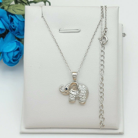 Solid 925 Sterling Silver. CZ Cute Elephant Pendant & Chain. 16-18in