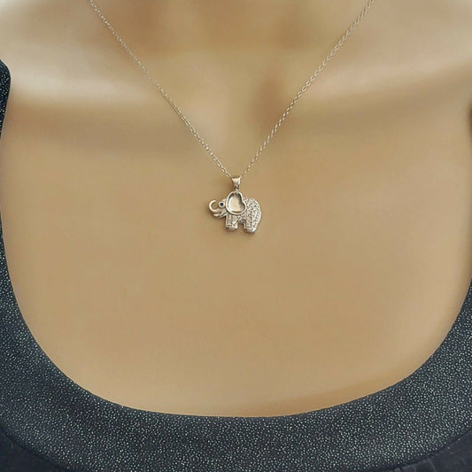 Solid 925 Sterling Silver. CZ Cute Elephant Pendant & Chain. 16-18in