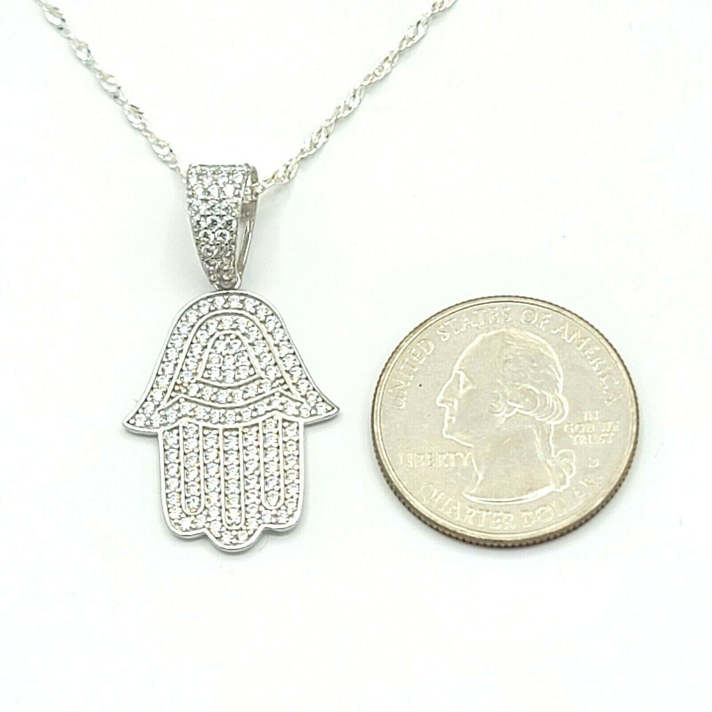 Solid 925 Sterling Silver. Hamsa Hand Iced Pendant Necklace.