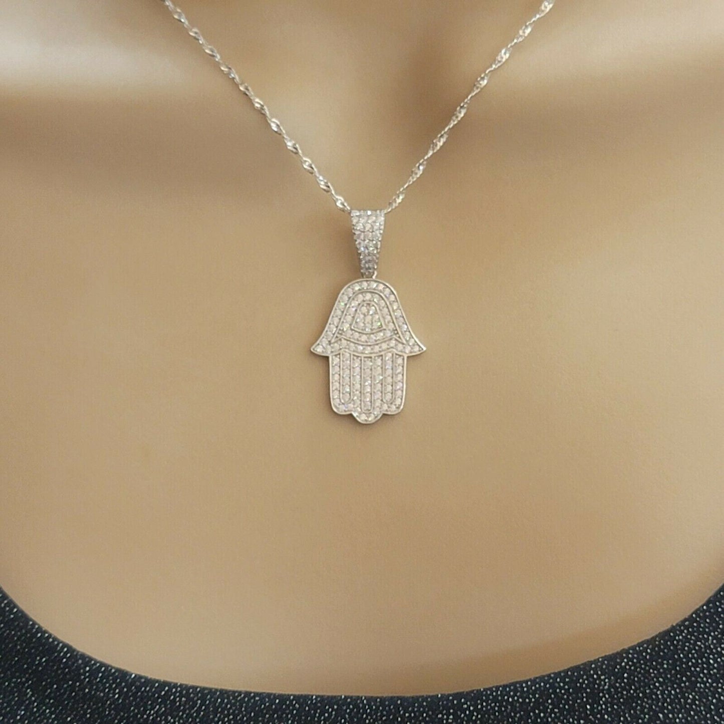 Solid 925 Sterling Silver. Hamsa Hand Iced Pendant Necklace.