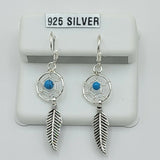 Solid 925 Sterling Silver. Turquoise bead Dreamcatcher Feather Earrings