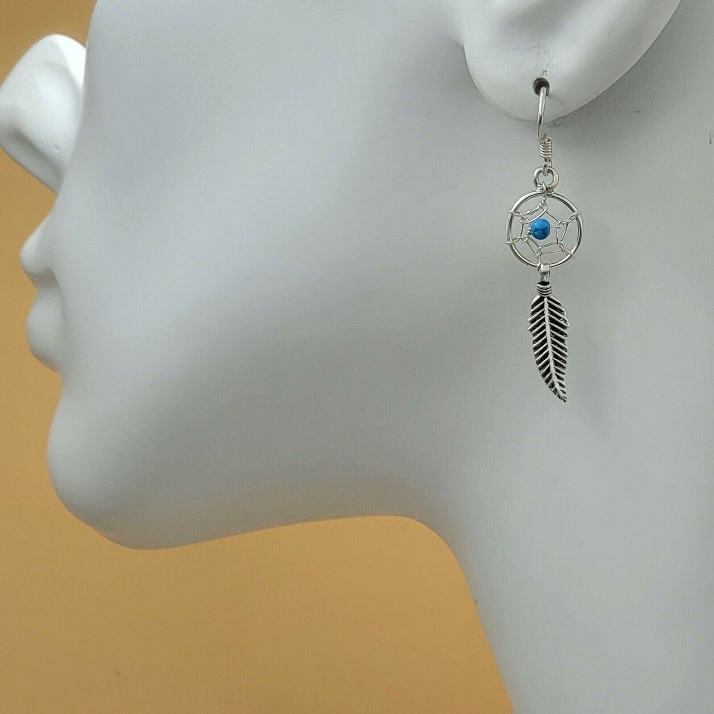 Solid 925 Sterling Silver. Turquoise bead Dreamcatcher Feather Earrings