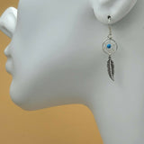 Solid 925 Sterling Silver. Turquoise bead Dreamcatcher Feather Earrings