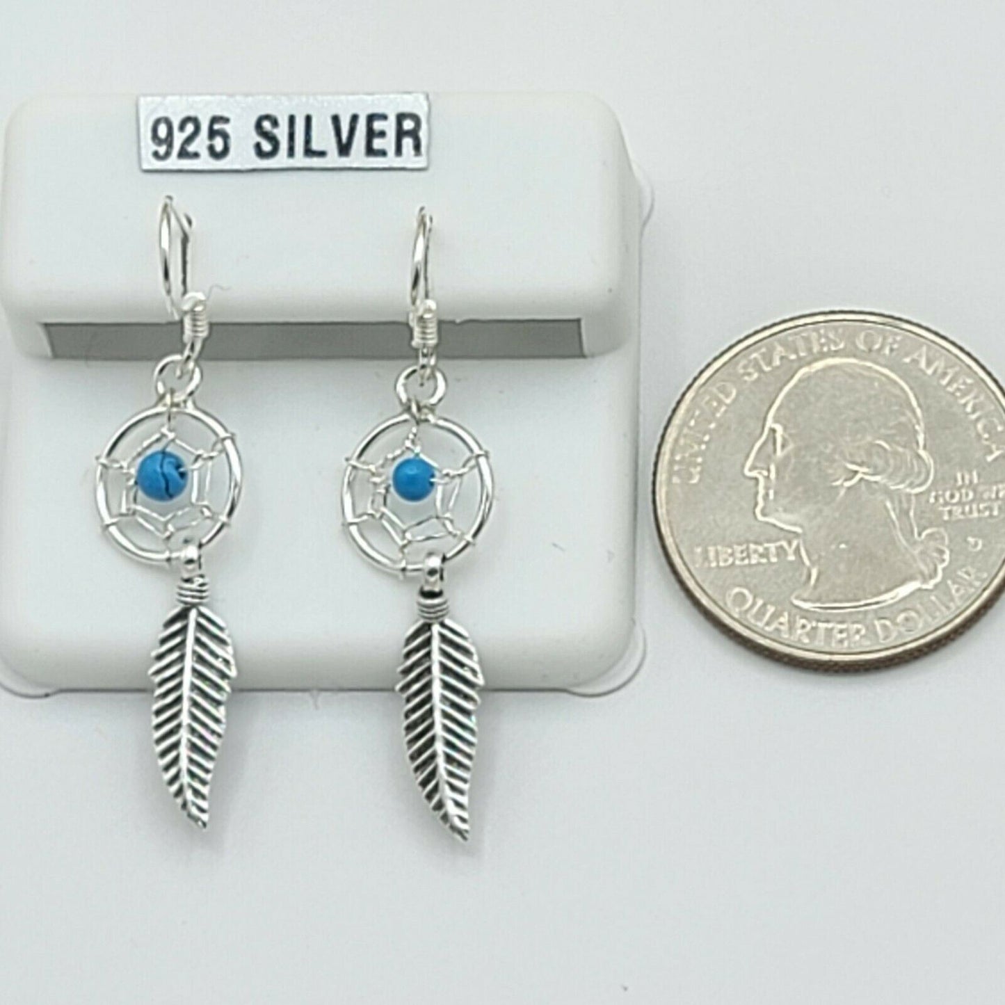 Solid 925 Sterling Silver. Turquoise bead Dreamcatcher Feather Earrings