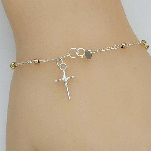 Solid 925 Sterling Silver. Cross Bracelet, Rosary Beads 3mm. Rosario 3 colores