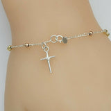 Solid 925 Sterling Silver. Cross Bracelet, Rosary Beads 3mm. Rosario 3 colores