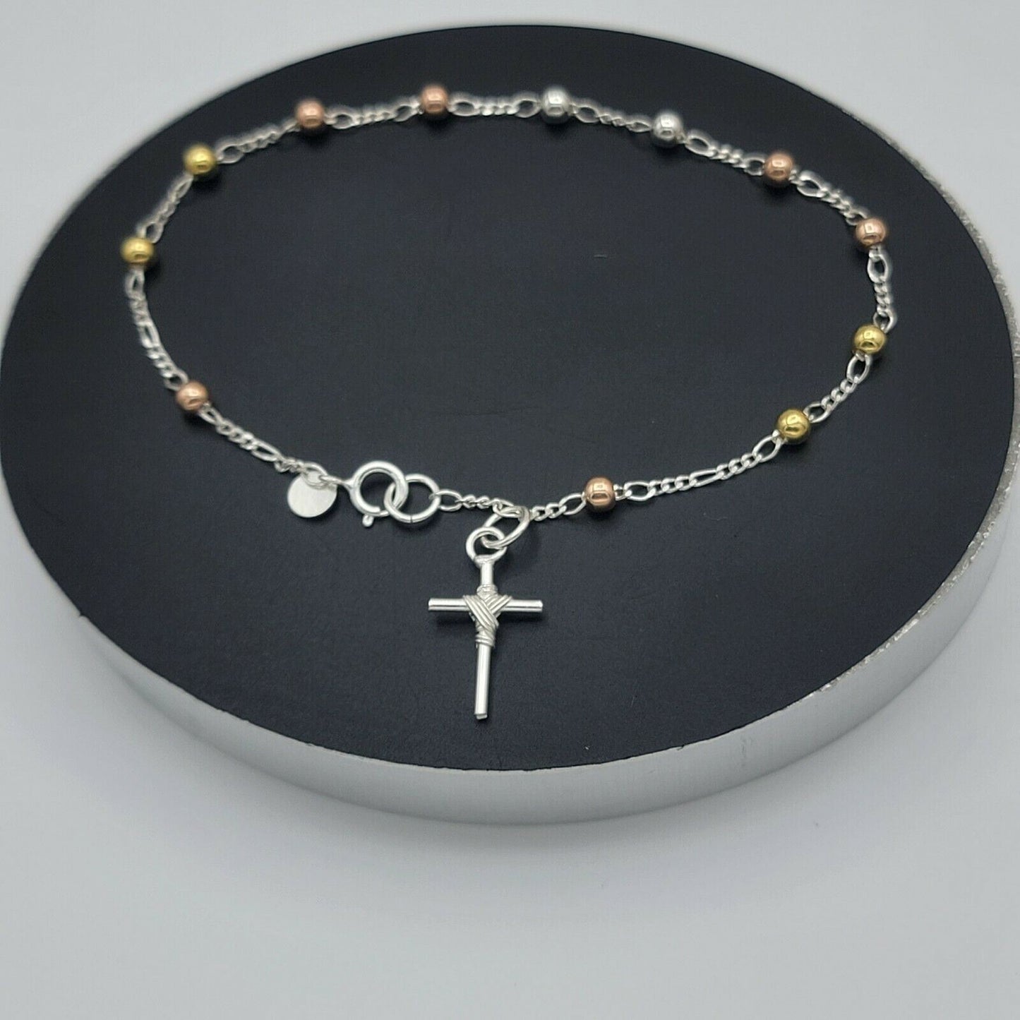 Solid 925 Sterling Silver. Cross Bracelet, Rosary Beads 3mm. Rosario 3 colores
