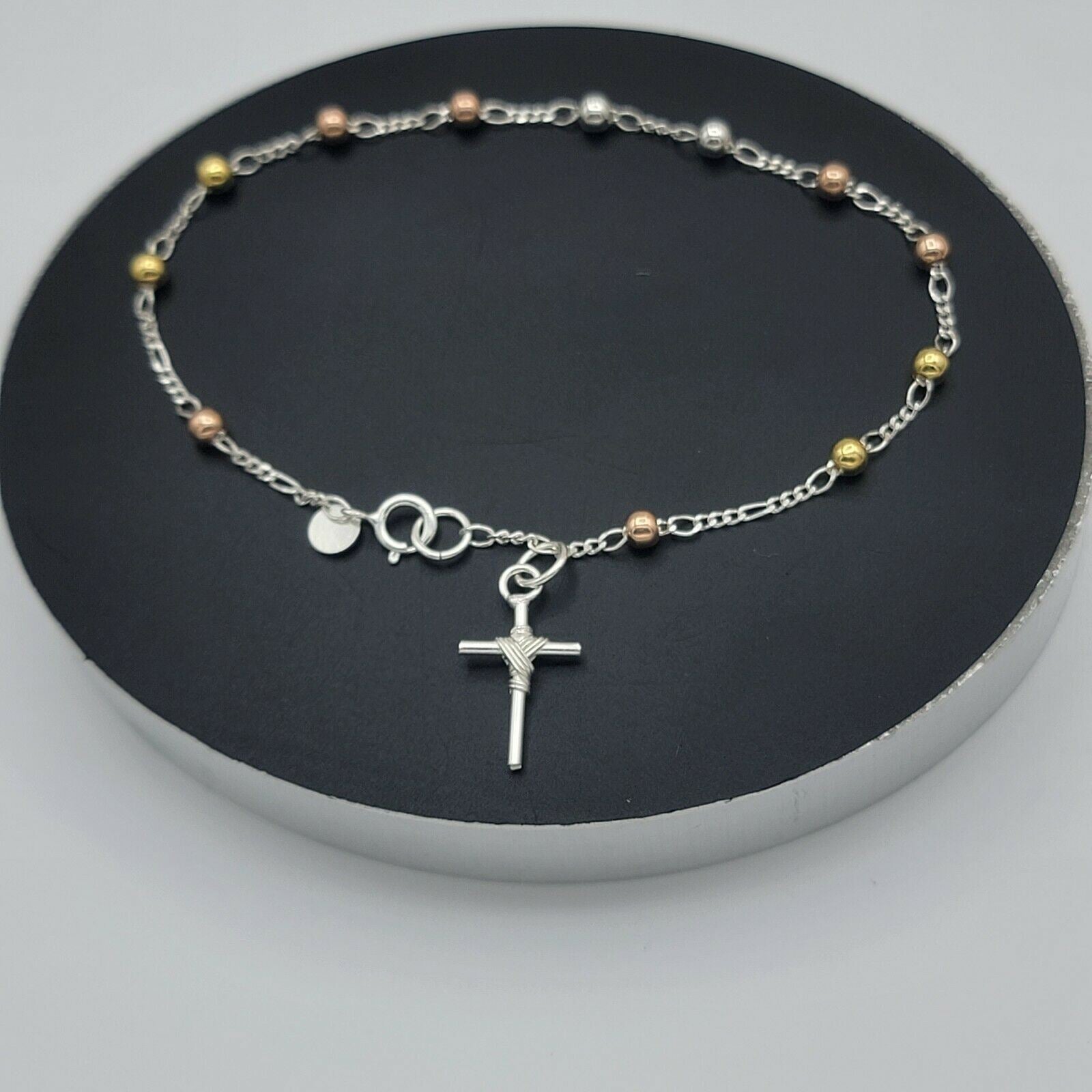 Ankle Bracelet Rosary Cross Beads Anklet 925 Sterling Silver Adjustable  8-11.5