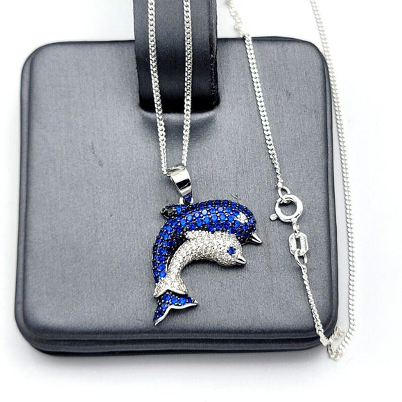 Solid 925 Sterling Silver. Couple Dolphins Blue Silver CZ Pendant Chain