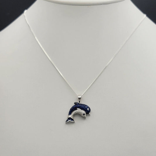 Solid 925 Sterling Silver. Couple Dolphins Blue Silver CZ Pendant Chain